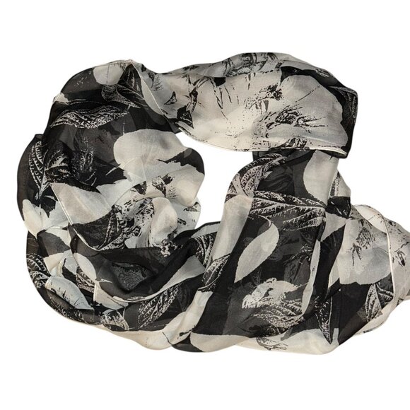 anne klein 100% SILK black white classic handkerchief floral flowers scarf 18x71 - Picture 3 of 4